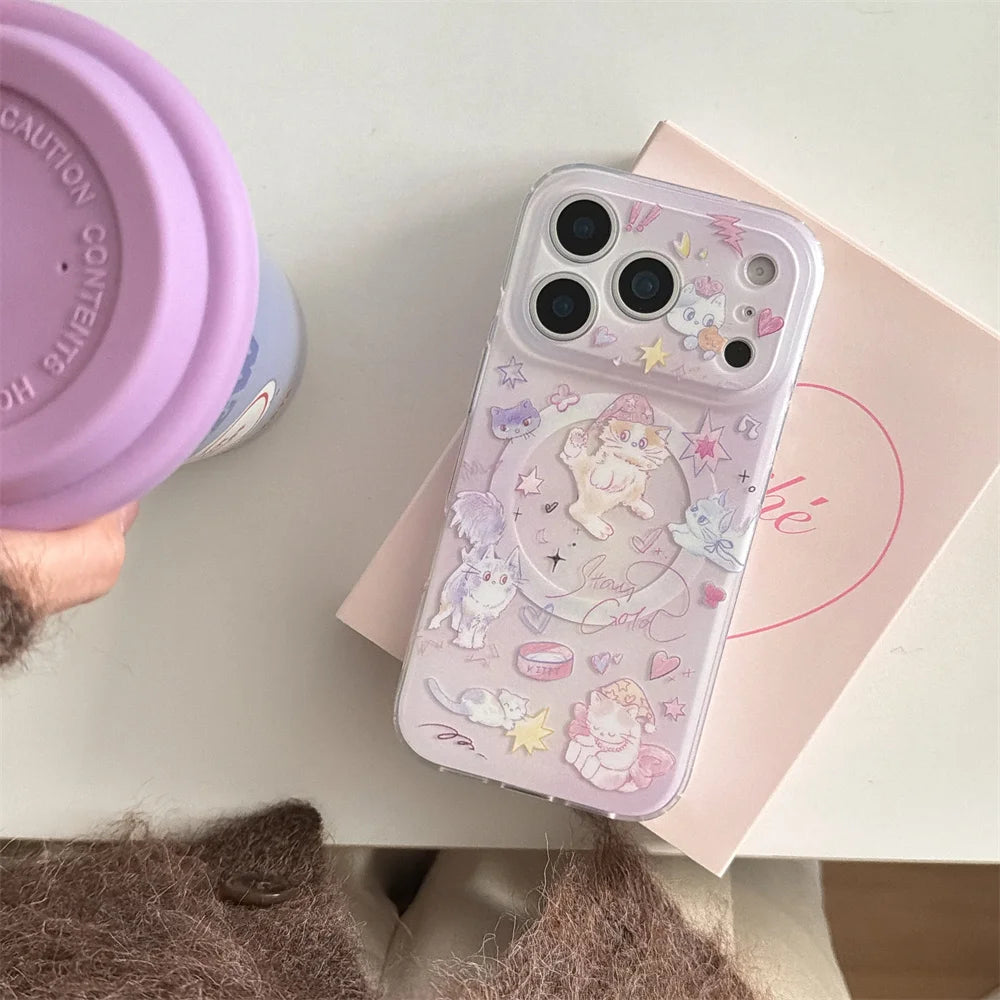 Korean INS Cute Kitten Magnetic Stand phone case for iPhone 13 14 15 17 Pro 16 Pro Max cartoon protective cover For Magsafe Case