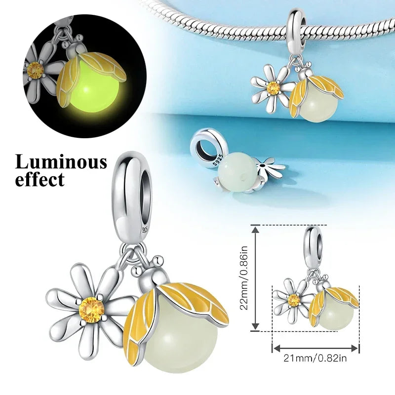S925 Silver Glow-in-the-dark Firefly Charm Pendant Fit Original Charms Bracelet Gift Beads for Women Diy Fine Jewelry Gifts