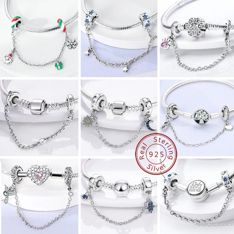 Silver Charm 925 Sterling Silver Clip Charms Safety Chain Charm CZ pave Round Clip Beads Fit Original Bracelet Jewelry Making