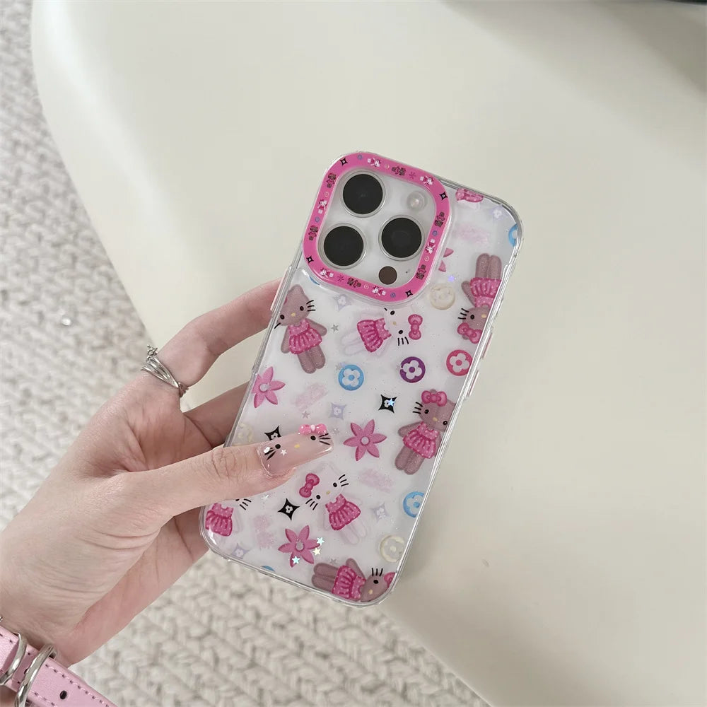 Korean INS New Hellokitty Flash drill Big bow Phone Case For iPhone 13 14 15 16 Pro Max Funda with stand cute shock-proof cover
