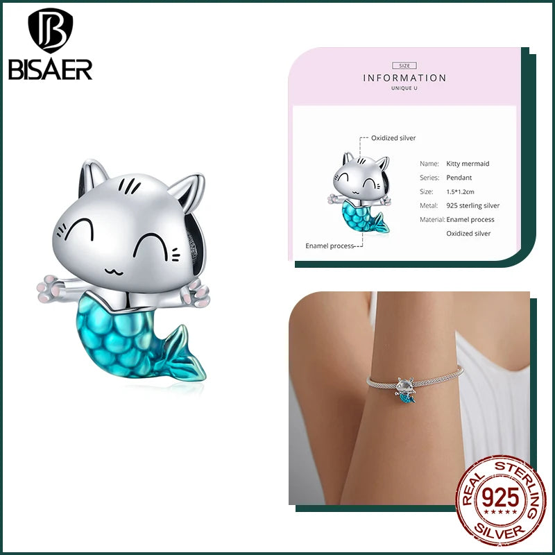 BISAER 925 Sterling Silver Charm Ocean Style Fish Dolphin Mermaid Shell Blue CZ Bead For Necklace&Bracelet DIY Fine Jewelry Gift