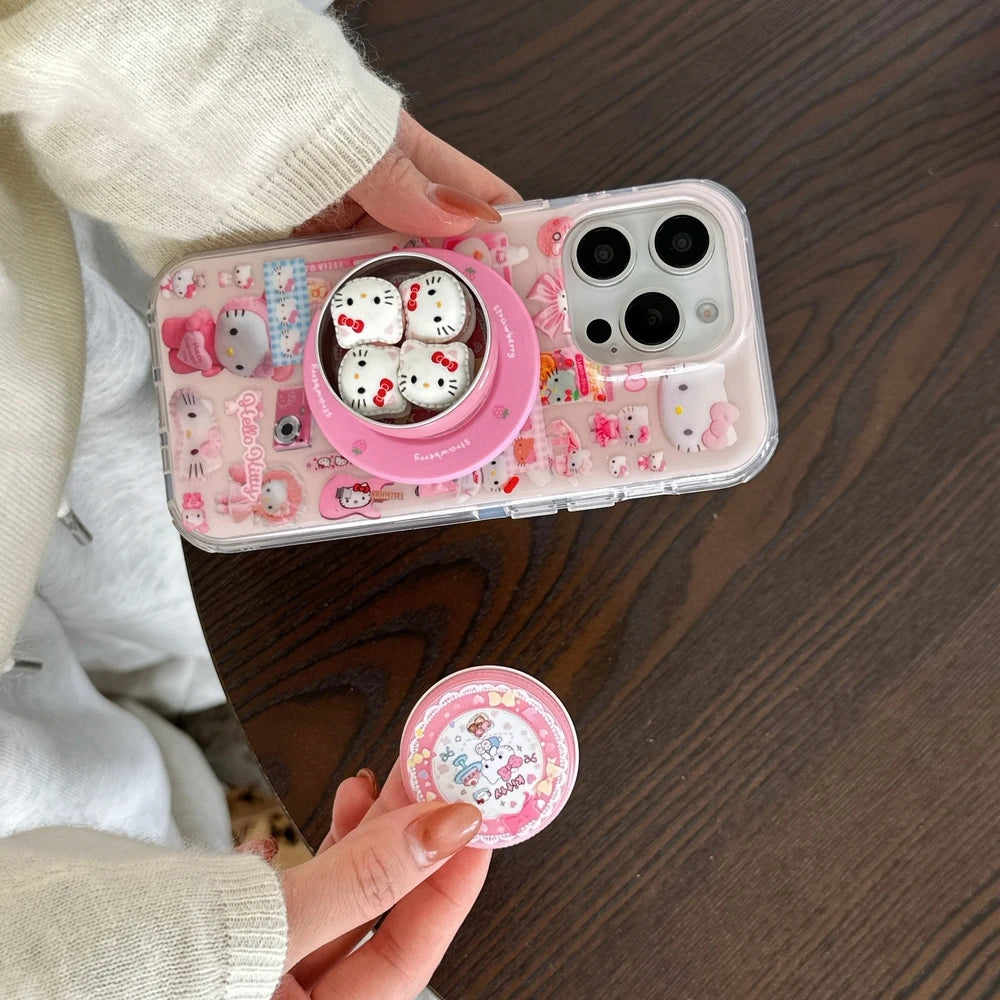 Sticker 3D Cute Sanrio Hello Kitty Magnetic Holder Magsafe Wireless Charge Phone Case For iPhone 17 16 15 14 13 Pro Max Cover