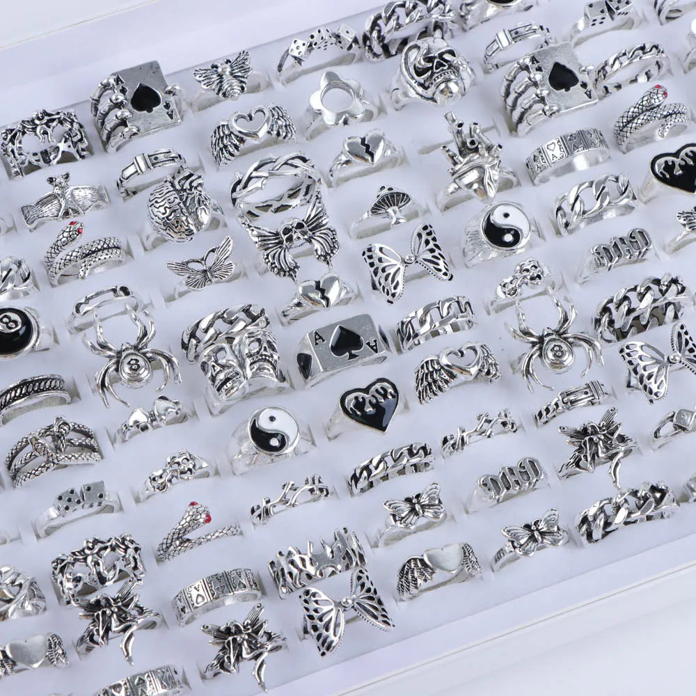 10/20/30/50Pcs/Lot Punk Finger Ring Set For Men Women Mix Style Flower Tai Ji Heart Love Snake Jewelry Party Gifts