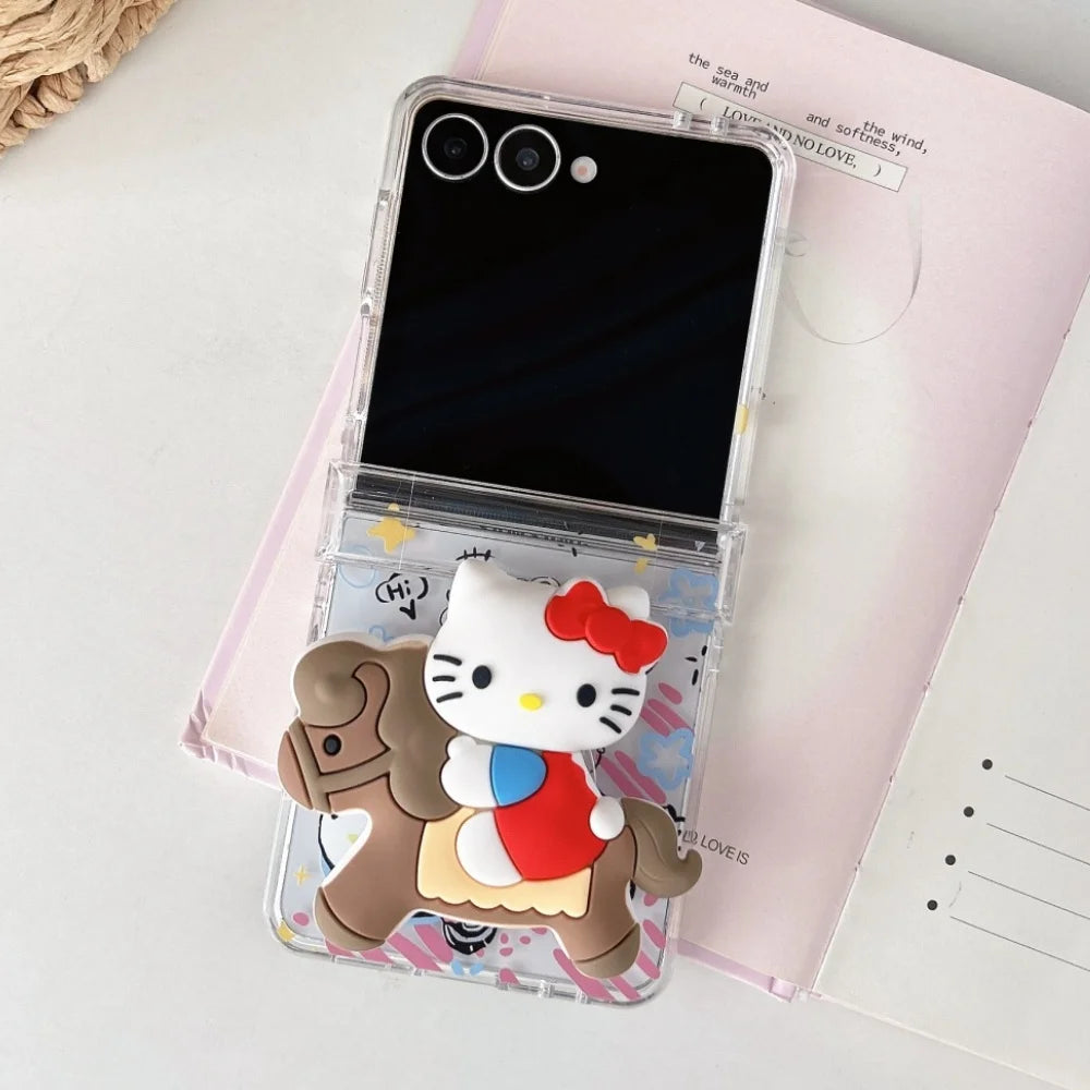 Cute Cartoon Sanrio Hello Kitty Stand Holder Phone Case For Samsung Galaxy Z Flip 7 FE  6 5 4 3 Case Hard TPU Cover With Lanyard