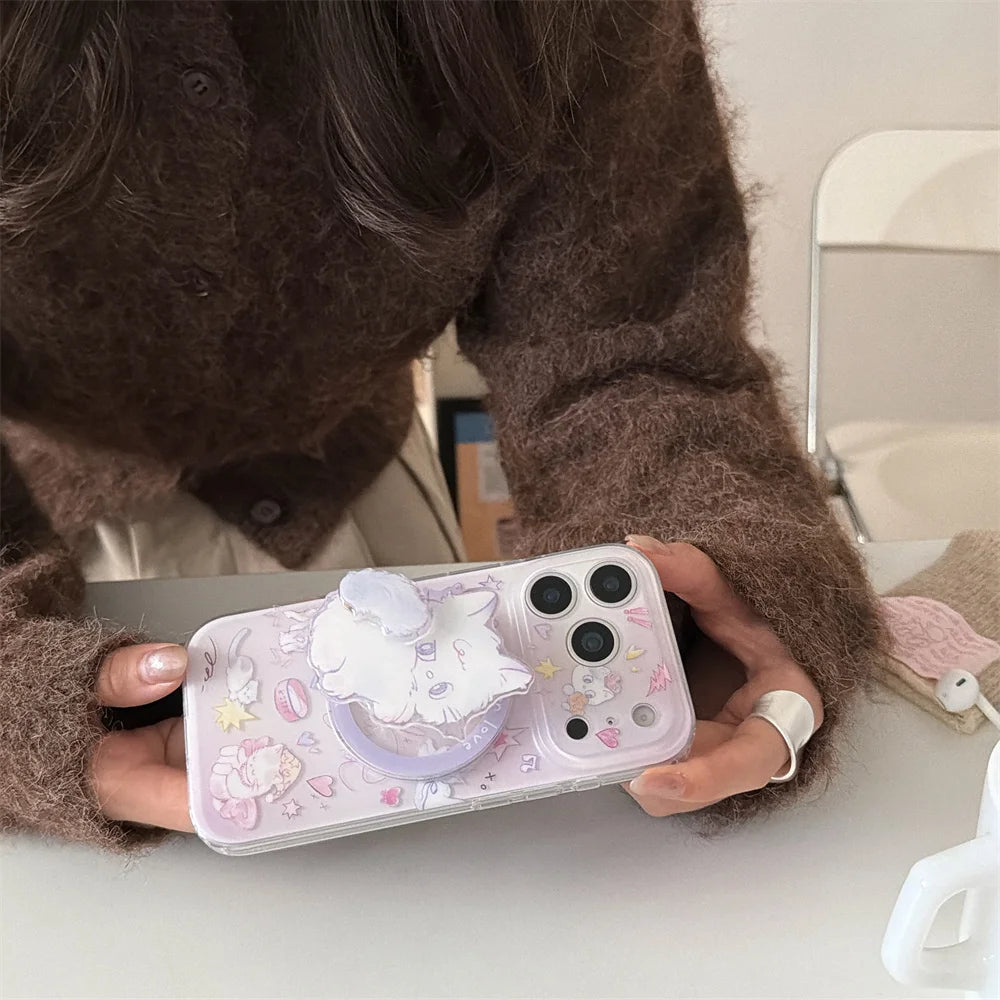 Korean INS Cute Kitten Magnetic Stand phone case for iPhone 13 14 15 17 Pro 16 Pro Max cartoon protective cover For Magsafe Case