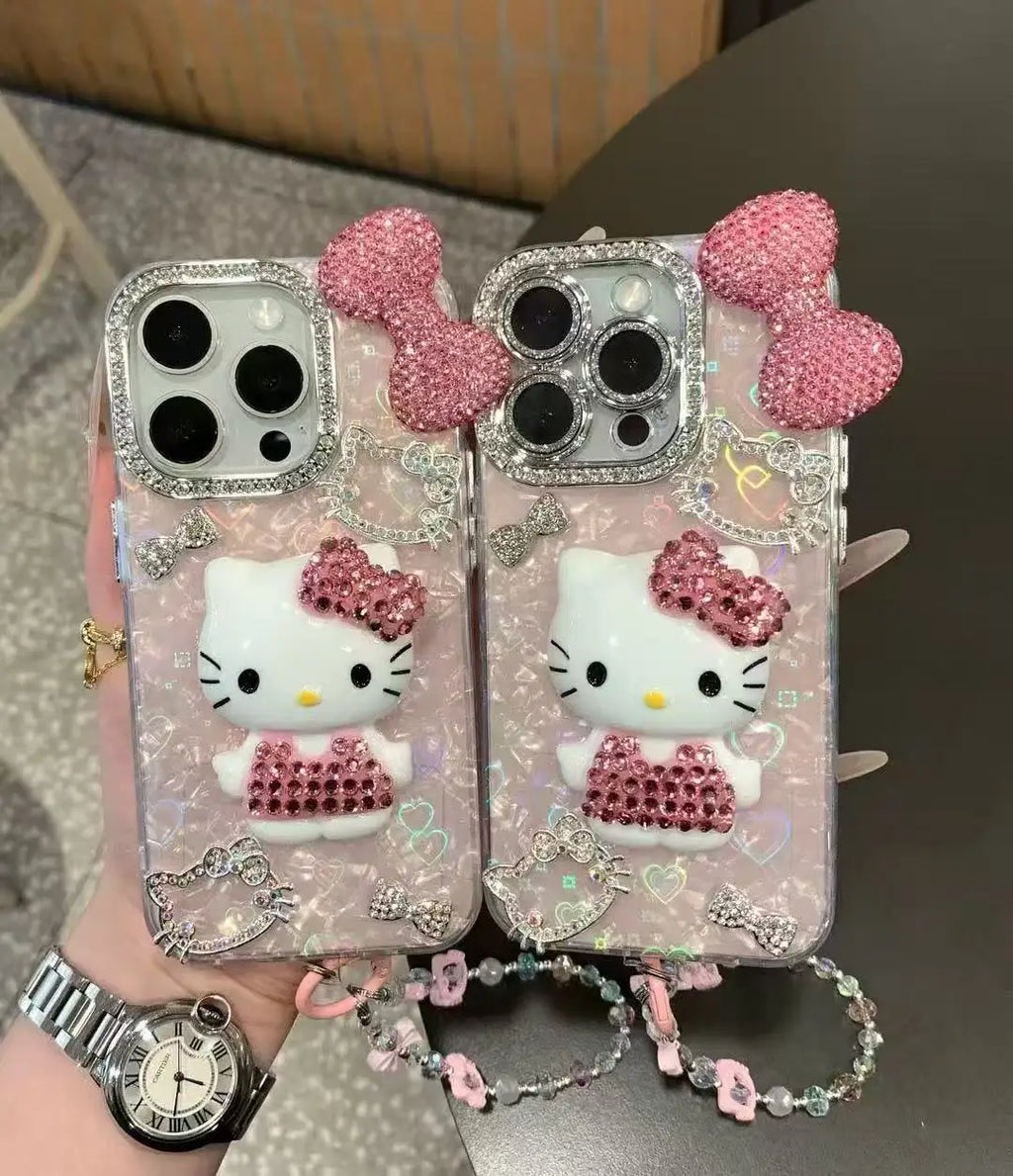 3D Stereoscopic Bling Glitter Phone Case For iPhone 17 16 15 14 13 12 11 Pro Max Cute Cartoon Sanrio Hello Kitty Hard Cover