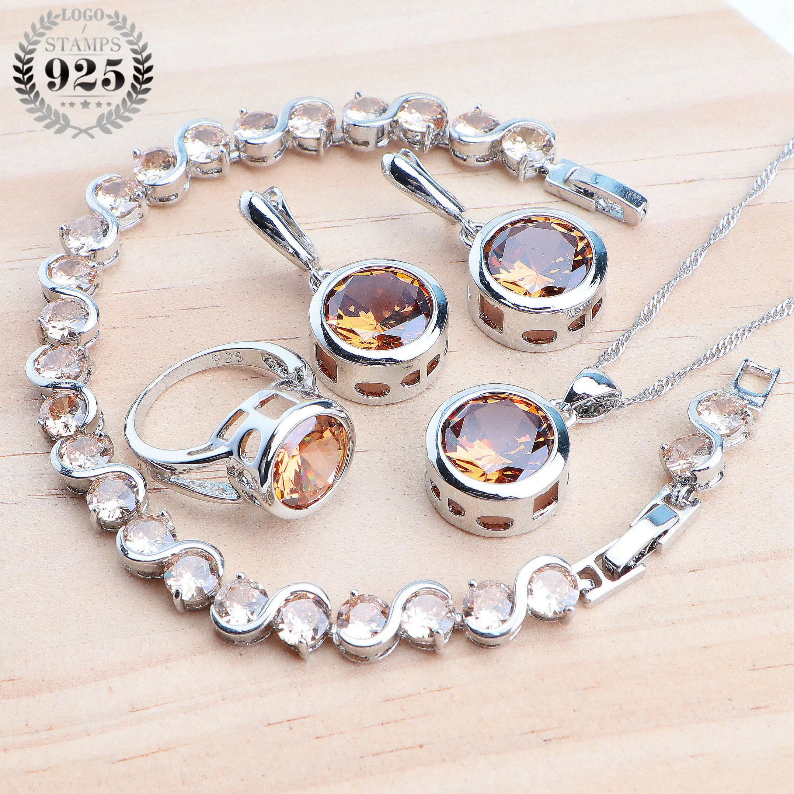 925 Sterling Silver Jewelry Sets Bridal Women Natural Magic Rainbow Zircon Earrings Ring Bracelets Pendant Wedding Necklace Set