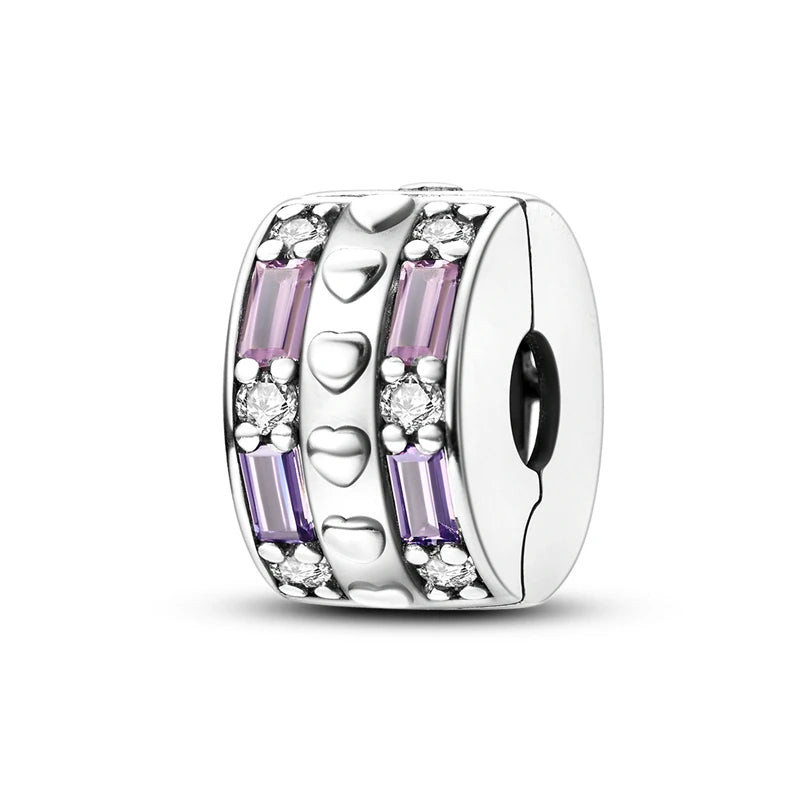 Silver Charm 925 Sterling Silver Clip Charms Safety Chain Charm CZ pave Round Clip Beads Fit Original Bracelet Jewelry Making