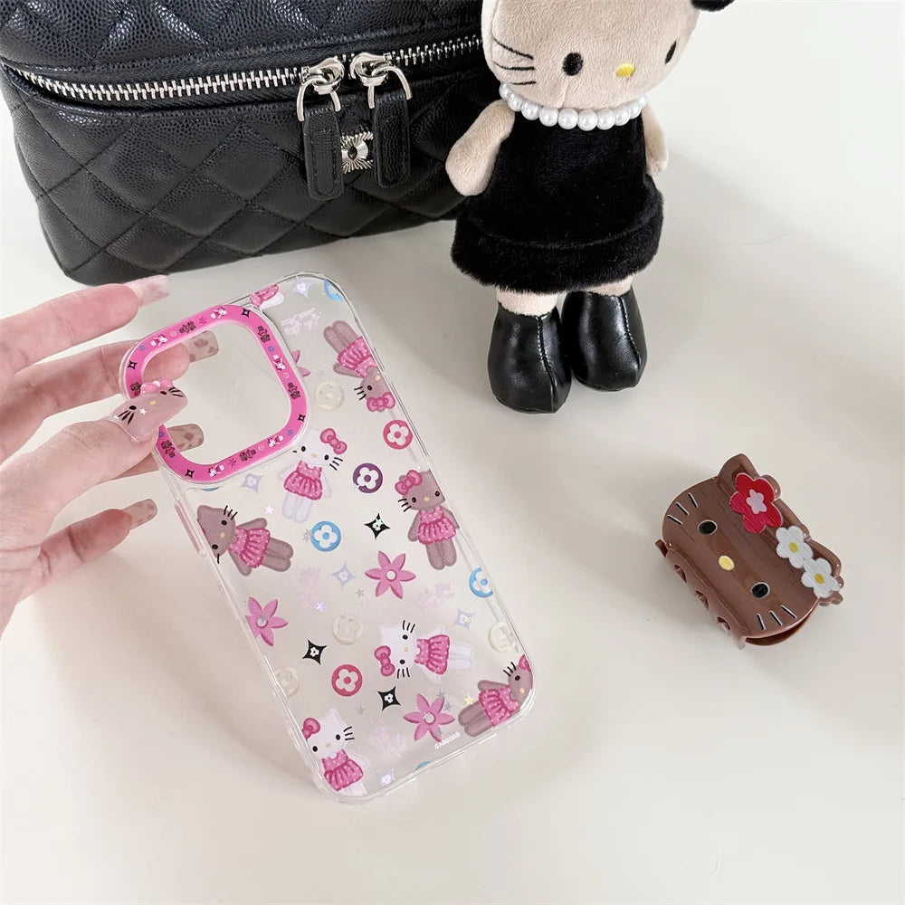 Korean INS New Hellokitty Flash drill Big bow Phone Case For iPhone 13 14 15 16 Pro Max Funda with stand cute shock-proof cover