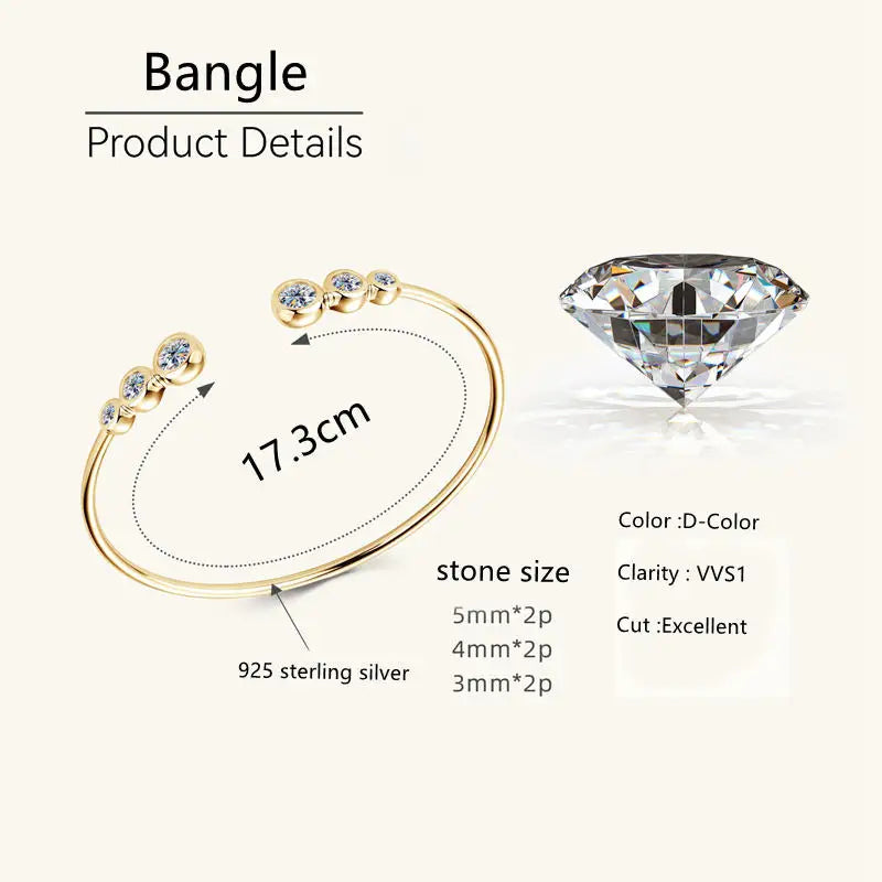 5mm&4mm&3mm Bezel Moissanite Bracelets Pure 925 Sterling Silver Adjustable Cuff Bracelet For Women Opening Wrist Jewelry