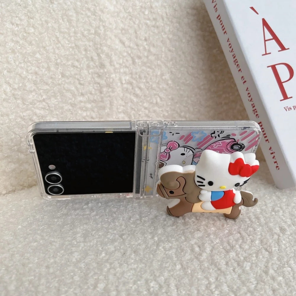 Cute Cartoon Sanrio Hello Kitty Stand Holder Phone Case For Samsung Galaxy Z Flip 7 FE  6 5 4 3 Case Hard TPU Cover With Lanyard