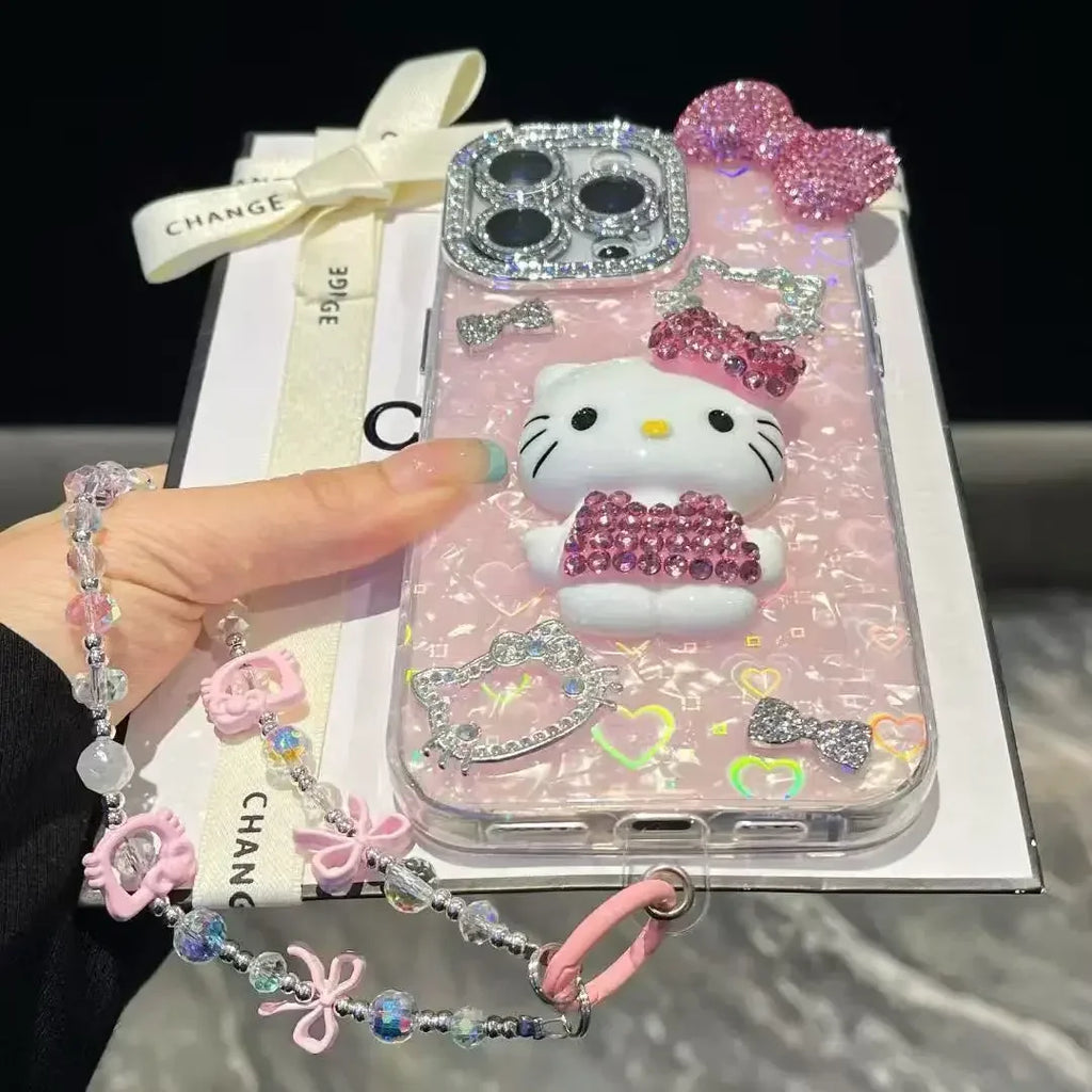 3D Stereoscopic Phone Case For iPhone 17 16 15 14 13 12 11 Pro Max Cute Cartoon Sanrio Hello Kitty Bling Glitter Hard Cover