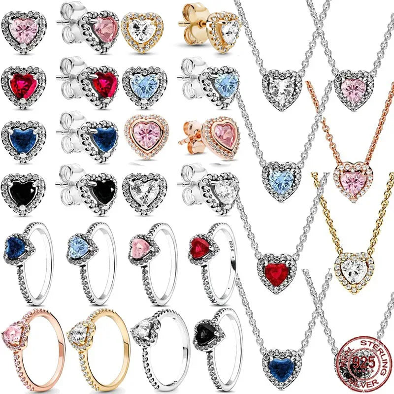 New 925 sterling silver heart-shaped pink ring necklace earring set luxurious sparkling charm jewelry fashion wedding gift