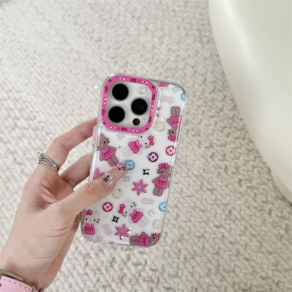 Korean INS New Hellokitty Flash drill Big bow Phone Case For iPhone 13 14 15 16 Pro Max Funda with stand cute shock-proof cover