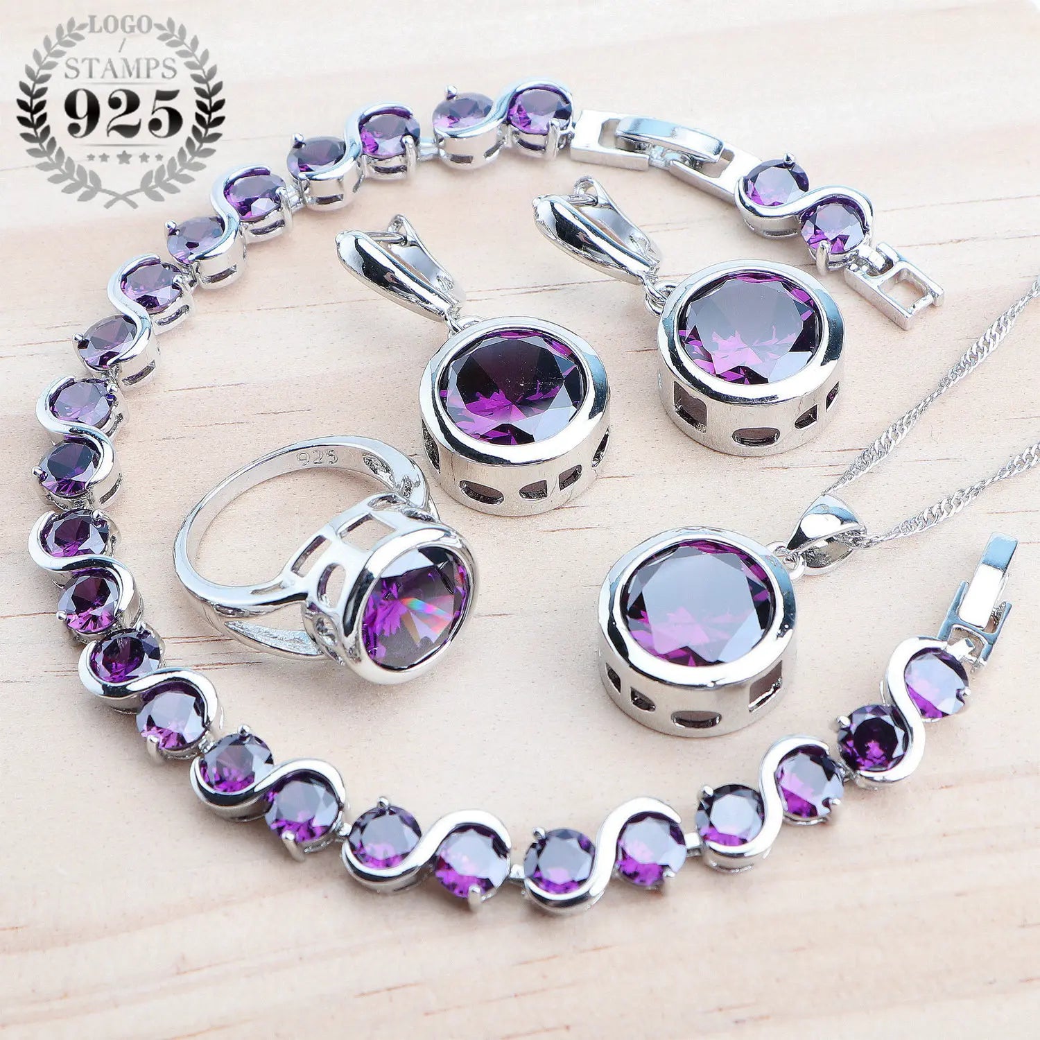 925 Sterling Silver Jewelry Sets Bridal Women Natural Magic Rainbow Zircon Earrings Ring Bracelets Pendant Wedding Necklace Set