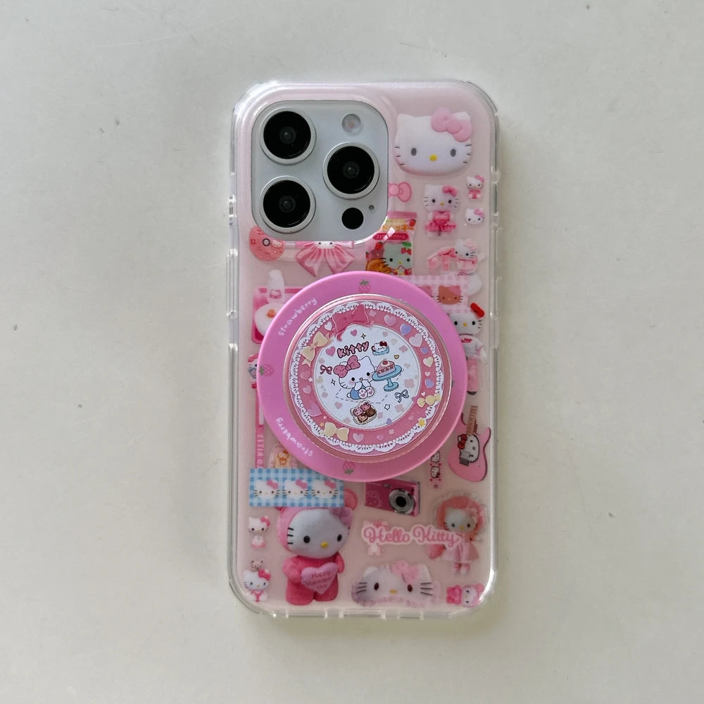 Sticker 3D Cute Sanrio Hello Kitty Magnetic Holder Magsafe Wireless Charge Phone Case For iPhone 17 16 15 14 13 Pro Max Cover
