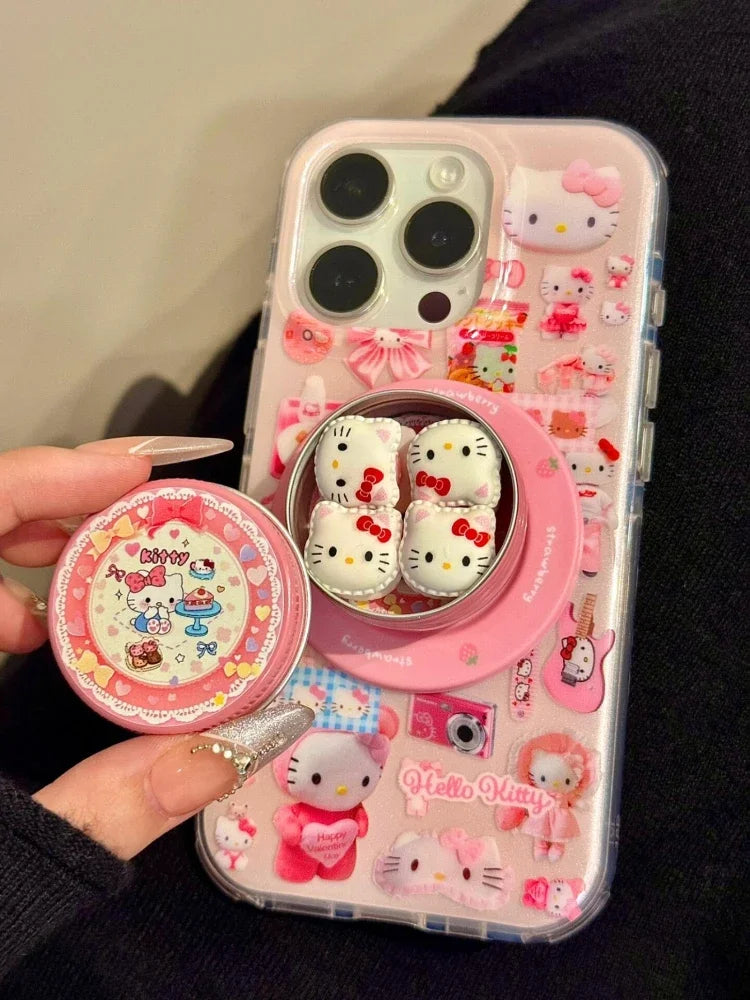 Sticker 3D Cute Sanrio Hello Kitty Magnetic Holder Magsafe Wireless Charge Phone Case For iPhone 17 16 15 14 13 Pro Max Cover