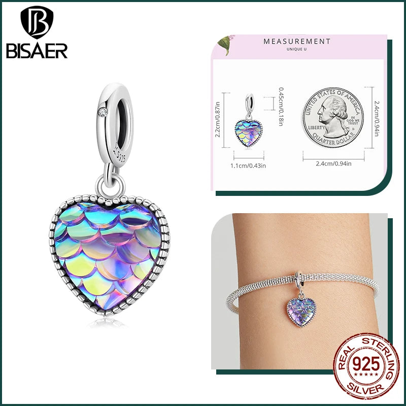 BISAER 925 Sterling Silver Charm Ocean Style Fish Dolphin Mermaid Shell Blue CZ Bead For Necklace&Bracelet DIY Fine Jewelry Gift