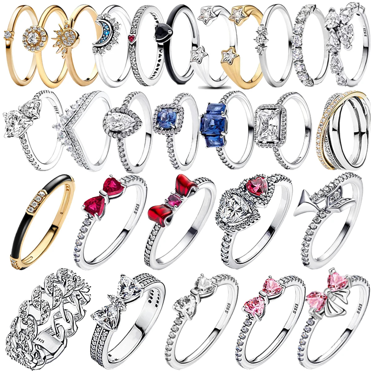 Original 925 Sterling Silver Red Pink Ring Heart Bow Sun Moon Colorful Crystal For Women Valentine's Birthday Gift DIY Jewelry