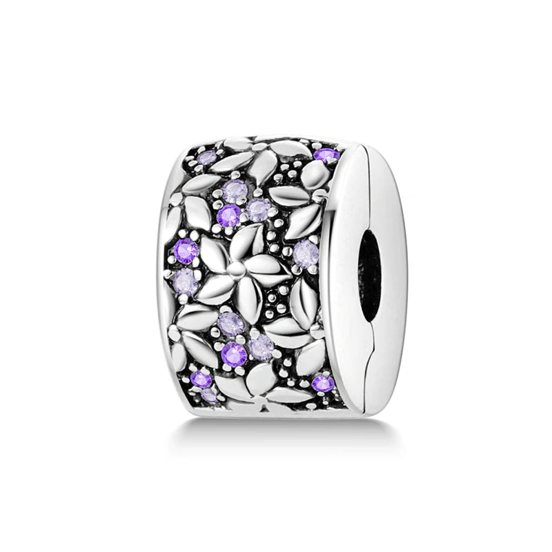 Silver Charm 925 Sterling Silver Clip Charms Safety Chain Charm CZ pave Round Clip Beads Fit Original Bracelet Jewelry Making