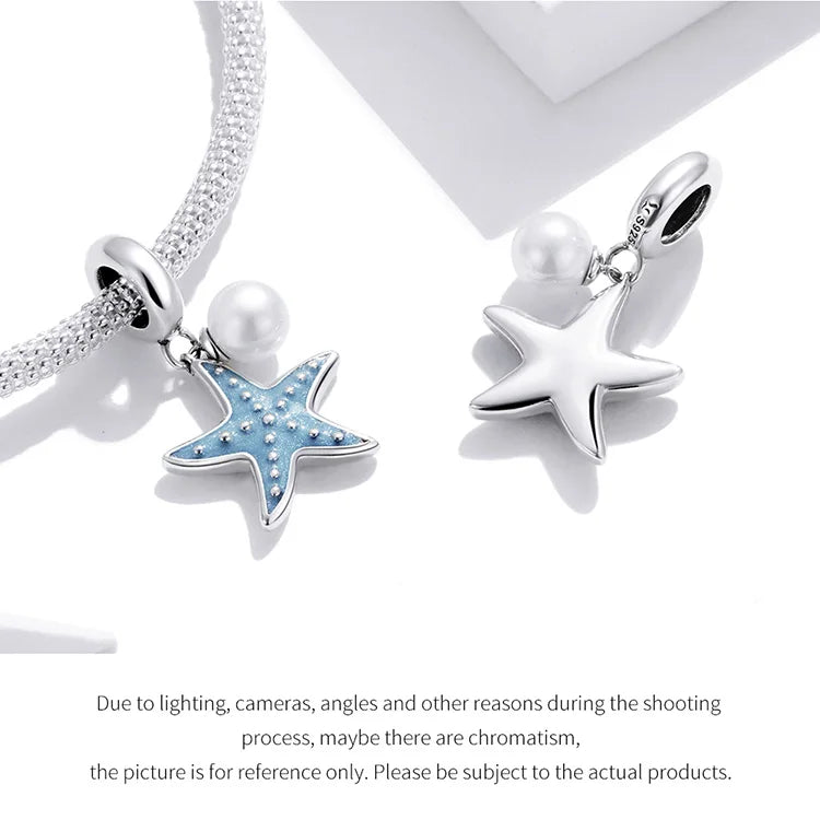 BISAER 925 Sterling Silver Charm Ocean Style Fish Dolphin Mermaid Shell Blue CZ Bead For Necklace&Bracelet DIY Fine Jewelry Gift