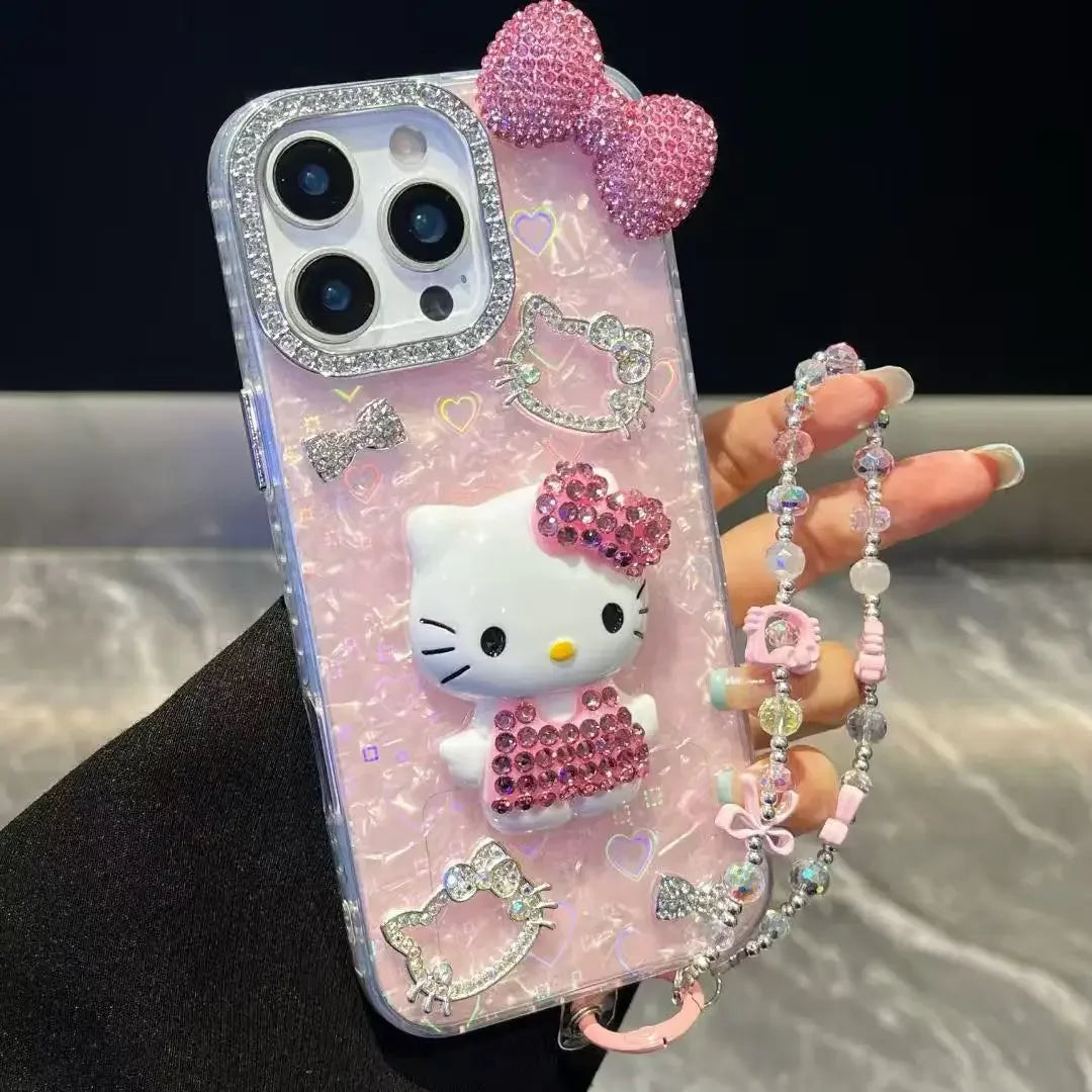 3D Stereoscopic Bling Glitter Phone Case For iPhone 17 16 15 14 13 12 11 Pro Max Cute Cartoon Sanrio Hello Kitty Hard Cover