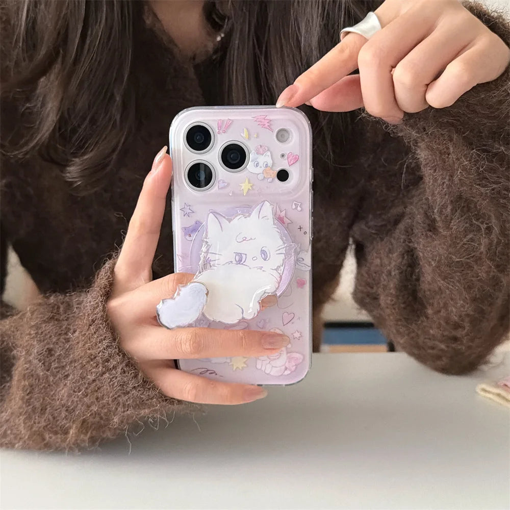 Korean INS Cute Kitten Magnetic Stand phone case for iPhone 13 14 15 17 Pro 16 Pro Max cartoon protective cover For Magsafe Case