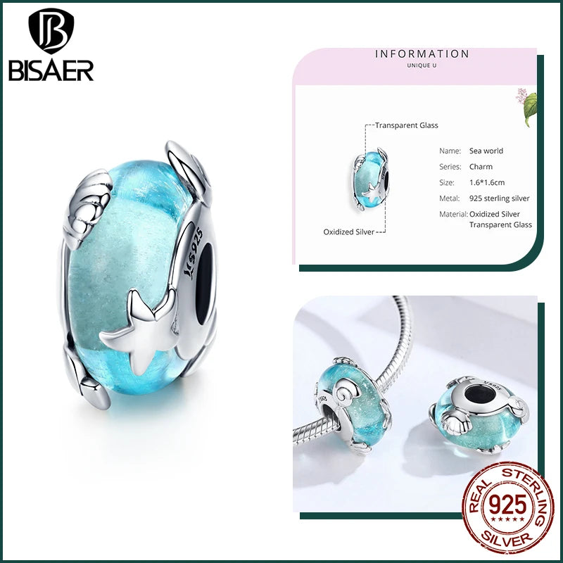 BISAER 925 Sterling Silver Charm Ocean Style Fish Dolphin Mermaid Shell Blue CZ Bead For Necklace&Bracelet DIY Fine Jewelry Gift