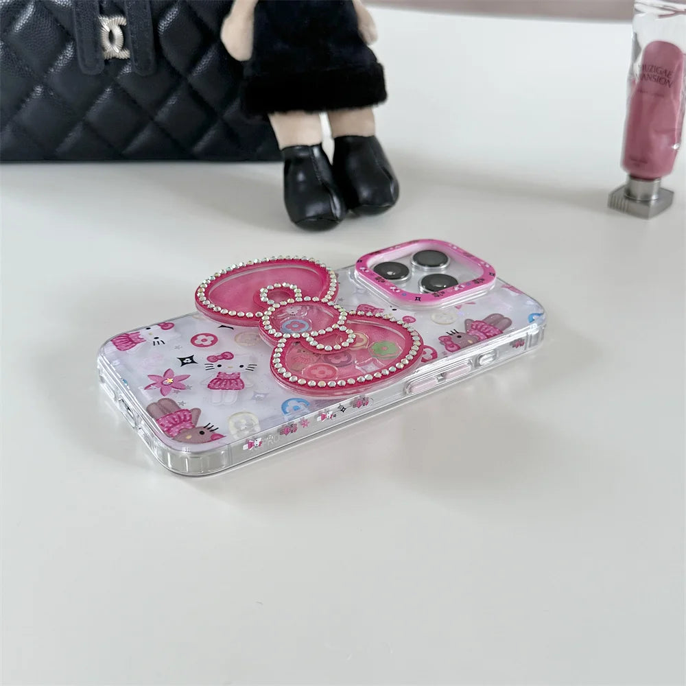 Korean INS New Hellokitty Flash drill Big bow Phone Case For iPhone 13 14 15 16 Pro Max Funda with stand cute shock-proof cover