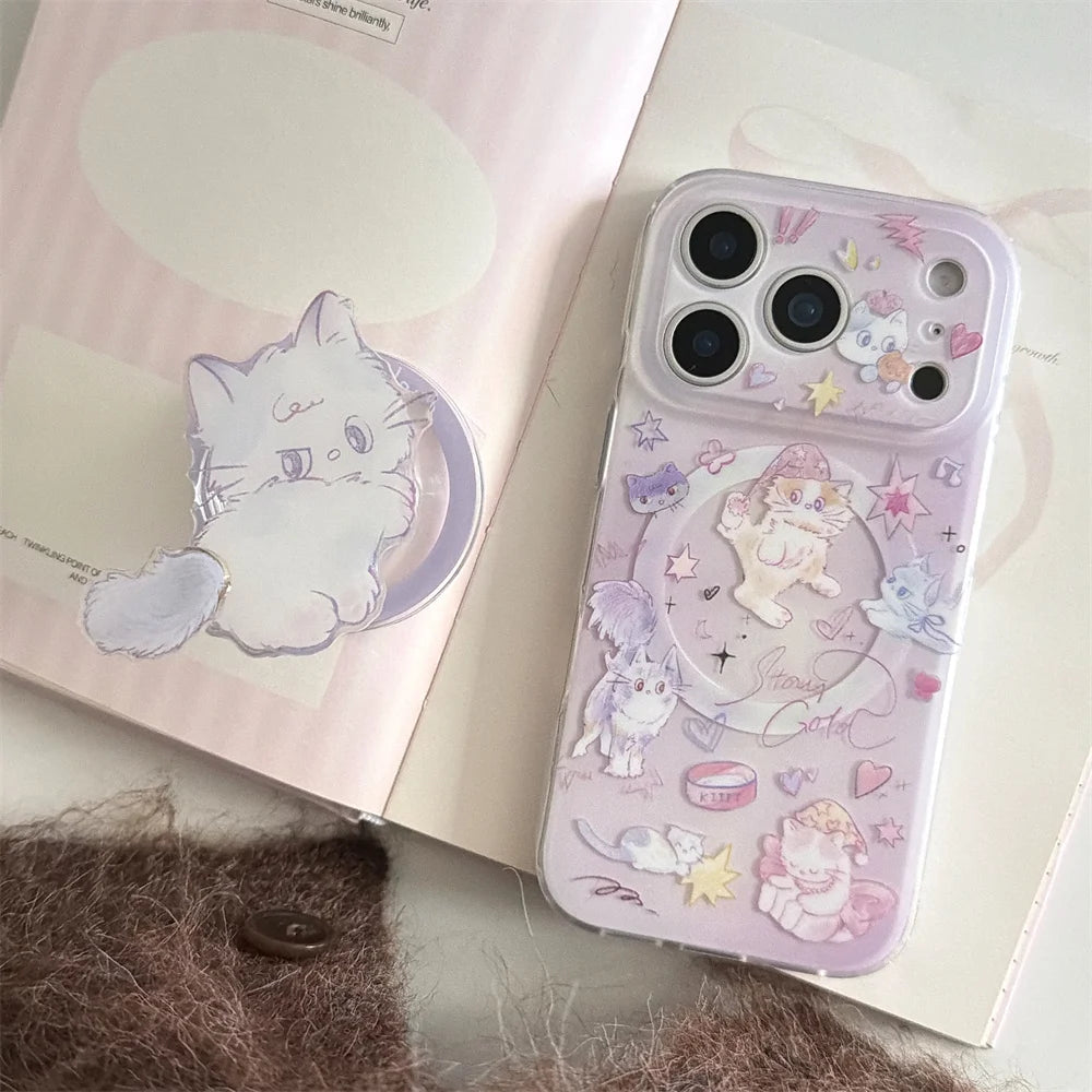Korean INS Cute Kitten Magnetic Stand phone case for iPhone 13 14 15 17 Pro 16 Pro Max cartoon protective cover For Magsafe Case