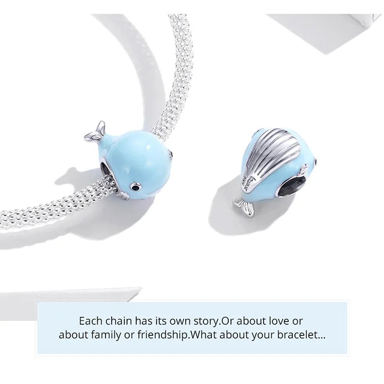 BISAER 925 Sterling Silver Charm Ocean Style Fish Dolphin Mermaid Shell Blue CZ Bead For Necklace&Bracelet DIY Fine Jewelry Gift