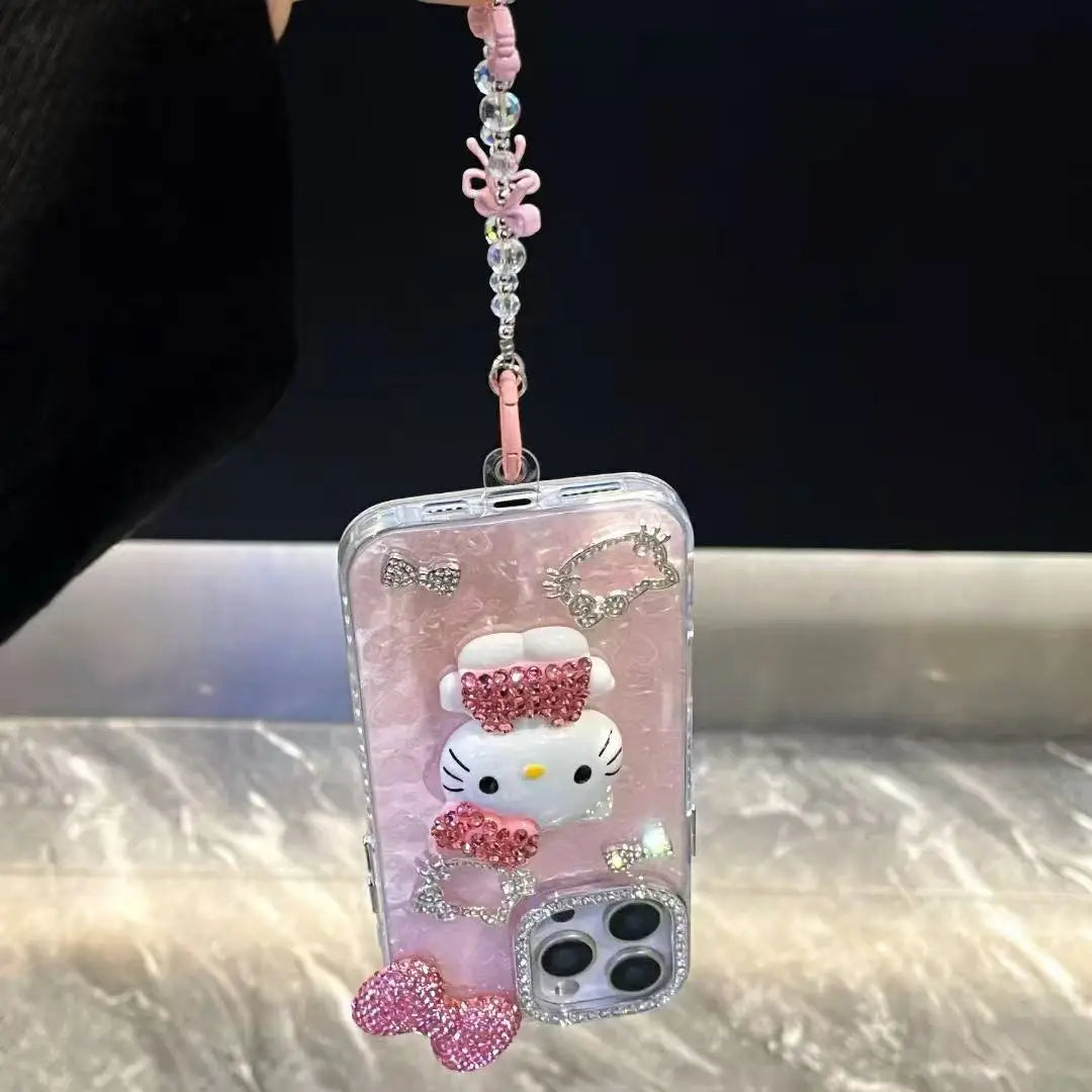 3D Stereoscopic Phone Case For iPhone 17 16 15 14 13 12 11 Pro Max Cute Cartoon Sanrio Hello Kitty Bling Glitter Hard Cover