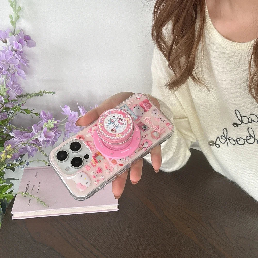 Sticker 3D Cute Sanrio Hello Kitty Magnetic Holder Magsafe Wireless Charge Phone Case For iPhone 17 16 15 14 13 Pro Max Cover