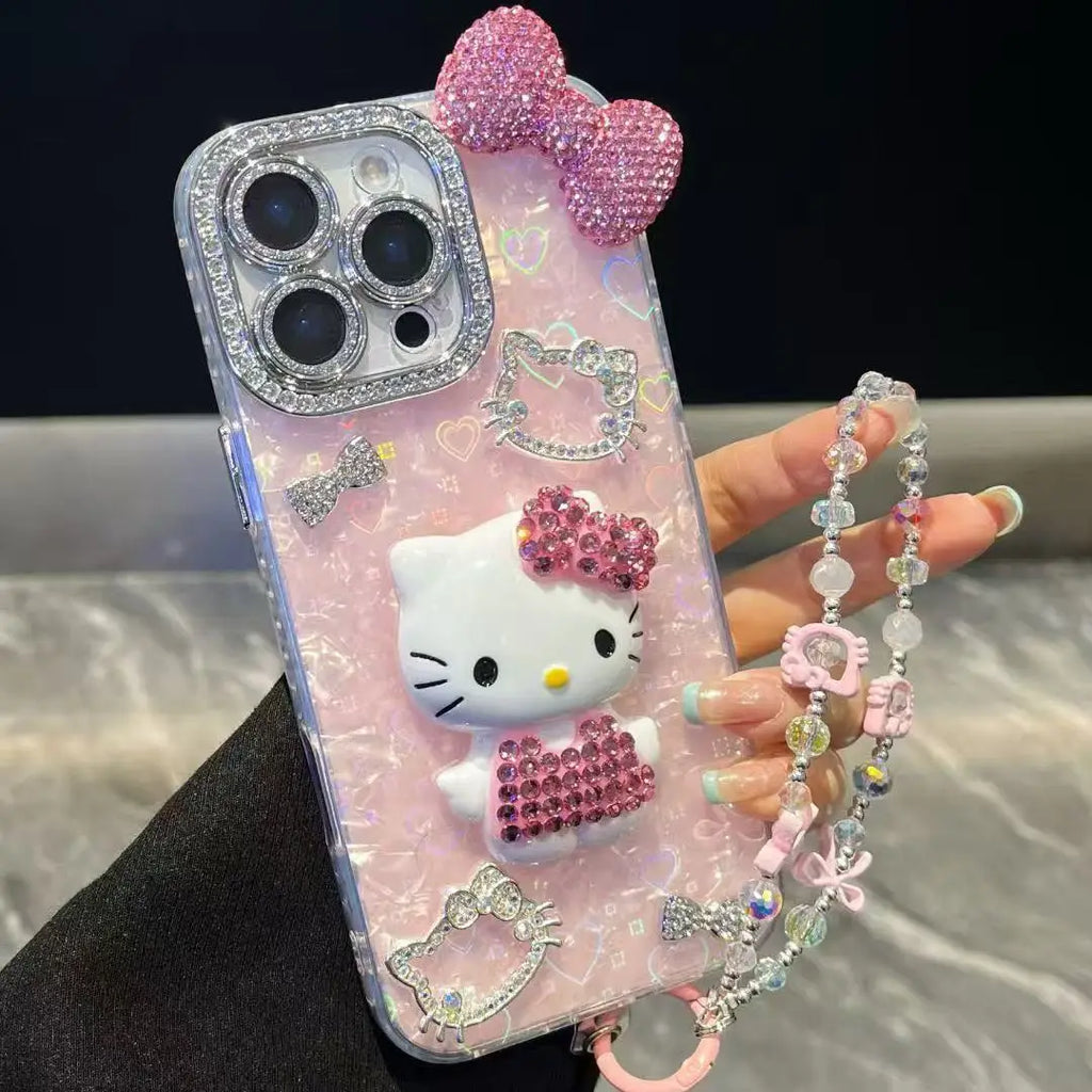 3D Stereoscopic Bling Glitter Phone Case For iPhone 17 16 15 14 13 12 11 Pro Max Cute Cartoon Sanrio Hello Kitty Hard Cover