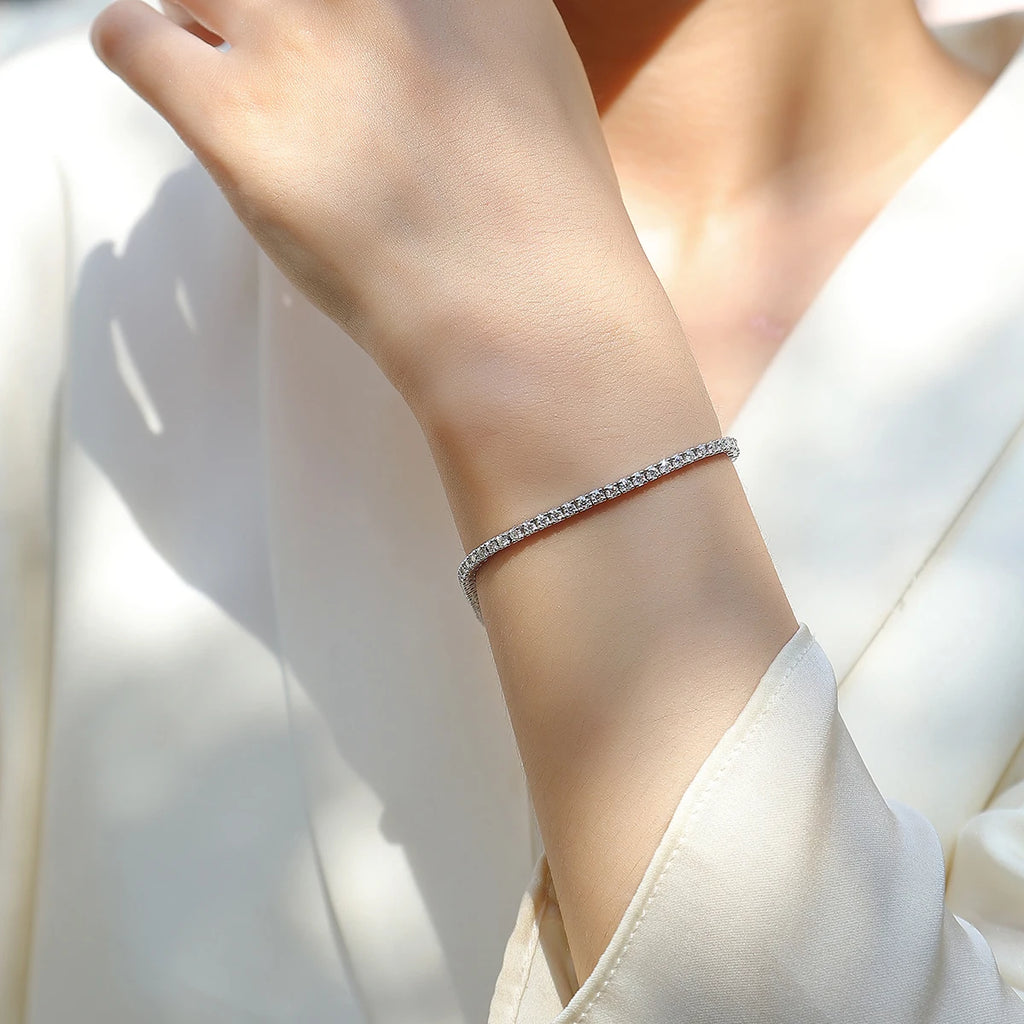 JIUZUAN S925 Sterling Silver Moissanite Tennis Bracelet for Women Simple Row Design Elegant Sparkling Jewelry for Daily Wear