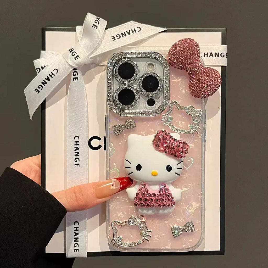 3D Stereoscopic Phone Case For iPhone 17 16 15 14 13 12 11 Pro Max Cute Cartoon Sanrio Hello Kitty Bling Glitter Hard Cover