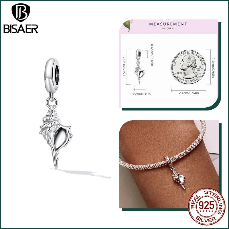BISAER 925 Sterling Silver Charm Ocean Style Fish Dolphin Mermaid Shell Blue CZ Bead For Necklace&Bracelet DIY Fine Jewelry Gift