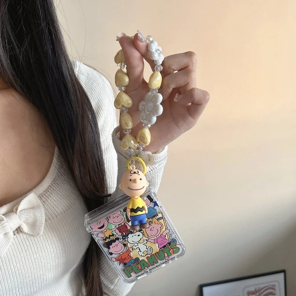 Cute Cartoon Snoopy Charlie Brown Stand Holder Phone Case For Samsung Galaxy Z Flip 7 6 5 4 3 Case Hard TPU Cover With Lanyard