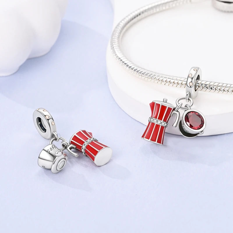 Fit Original 925 Sterling Silver Charms Beads Wine Glass Coffee Cup Charms Pendant For Women Bracelet Charms DIY Jewelry Gift