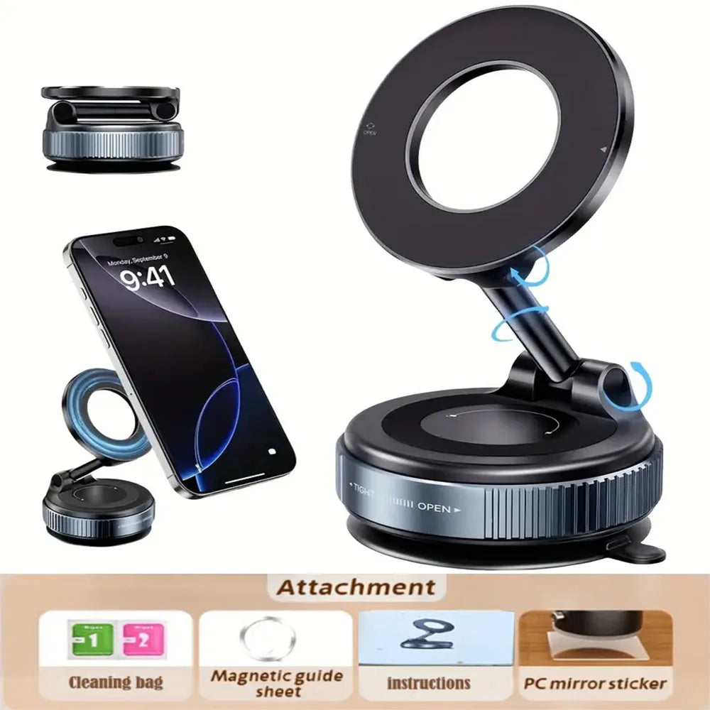Upgraded Aluminum Alloy Vacuum Magnetic Car Phone Holder with 360° Rotation & Foldable Design Strong Magnetic Absorption