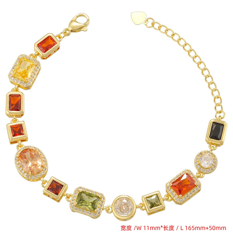 ZHUKOU 18K Golden Plated Spliced Colorful CZ Gemstone Bracelet Necklace With Hip Hop Style Unisex Couple Jewelry：VL561 VL562