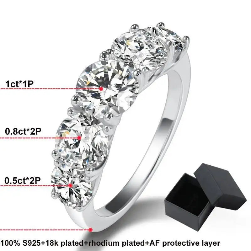 3.6CT All Moissanite Rings For Women 5 Stones Sparkling Dia Wedding Band 100% Sterling Silver Jewelry