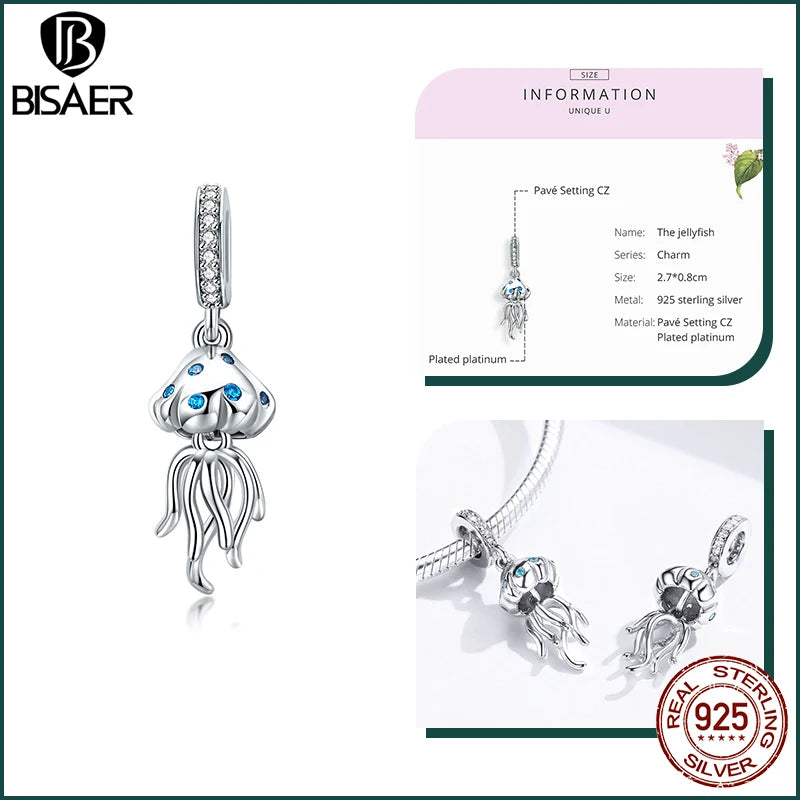 BISAER 925 Sterling Silver Charm Ocean Style Fish Dolphin Mermaid Shell Blue CZ Bead For Necklace&Bracelet DIY Fine Jewelry Gift