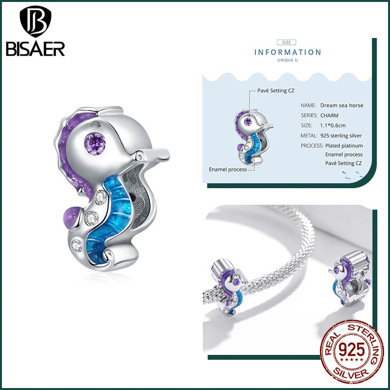 BISAER 925 Sterling Silver Charm Ocean Style Fish Dolphin Mermaid Shell Blue CZ Bead For Necklace&Bracelet DIY Fine Jewelry Gift