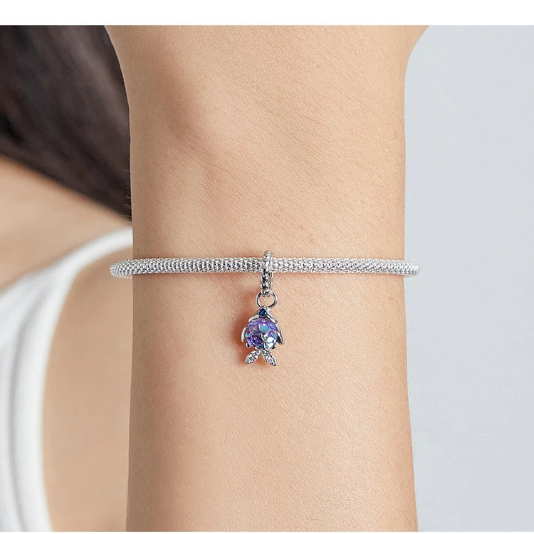 BISAER 925 Sterling Silver Charm Ocean Style Fish Dolphin Mermaid Shell Blue CZ Bead For Necklace&Bracelet DIY Fine Jewelry Gift
