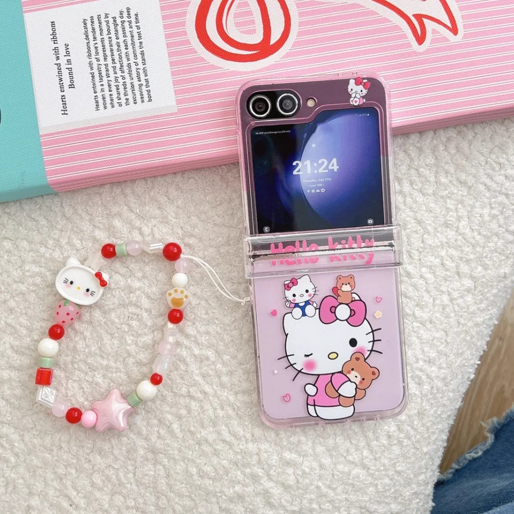 Cute Cartoon Sanrio Hello Kitty Stand Holder Phone Case For Samsung Galaxy Z Flip 7 FE  6 5 4 3 Case Hard TPU Cover With Lanyard