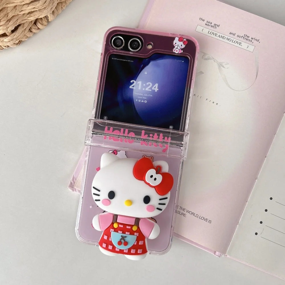 Cute Cartoon Sanrio Hello Kitty Stand Holder Phone Case For Samsung Galaxy Z Flip 7 FE  6 5 4 3 Case Hard TPU Cover With Lanyard