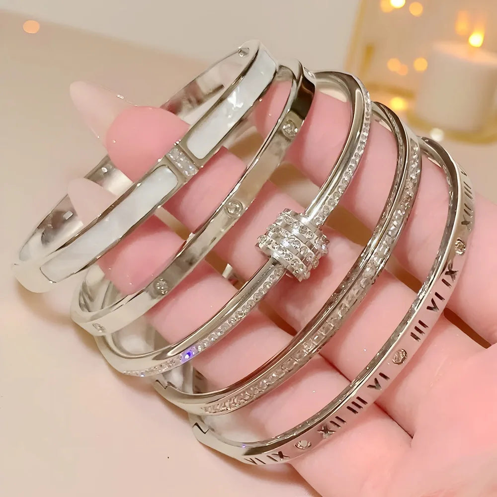 Yupsk 5Pcs/set Silver Color Stainless Steel Bracelet Shiny Zircon Inlaid Stackable Bangles Female Jewelry Gift