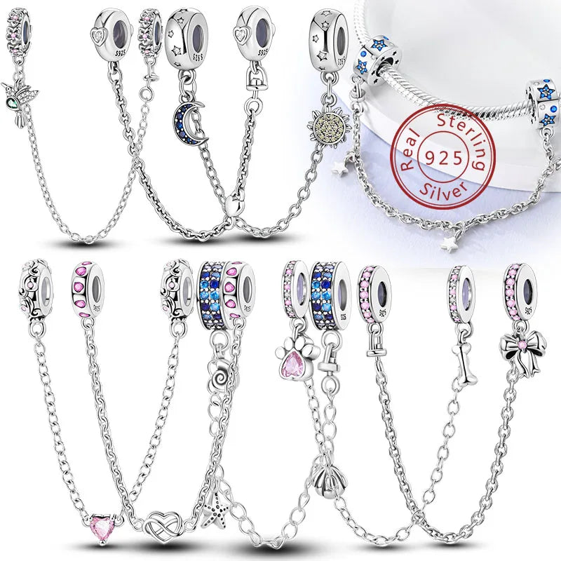 Safety Chain Charms Fit Original 925 Sterling Silver Charms Beads Moon Star Butterfly Heart Safety Chain for Women Jewelry Gift