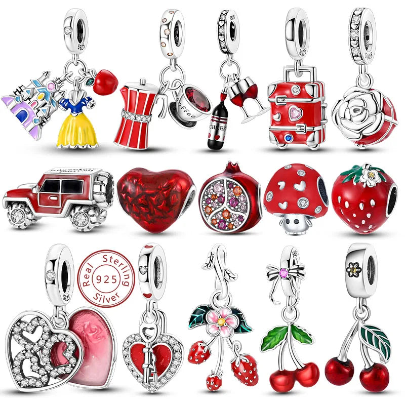 New 925 Sterling Silver Charms Bead Red Cherry Strawberry Love Heart Charm Fit Original Bracelet Pendant DIY Jewelry For Women